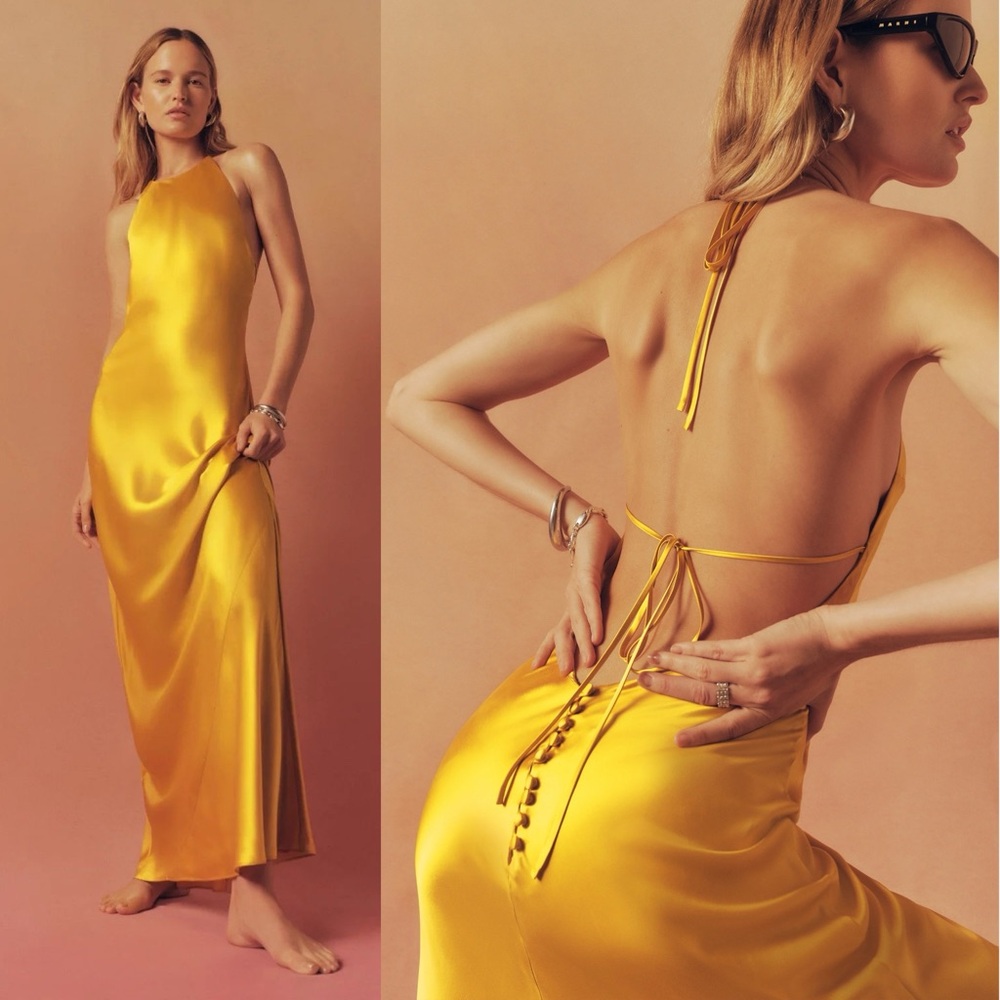 Reformation Jeany Silk Halter Neck Maxi Dress Turmeric NEW with tags